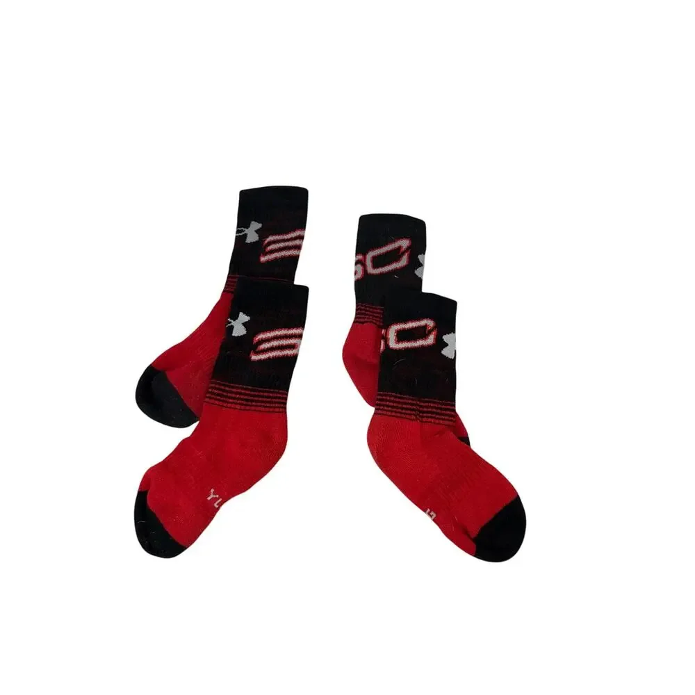 Under Armour Phenom Curry SC Red Black Crew Socks Size Youth 4-7 (2 Pair)